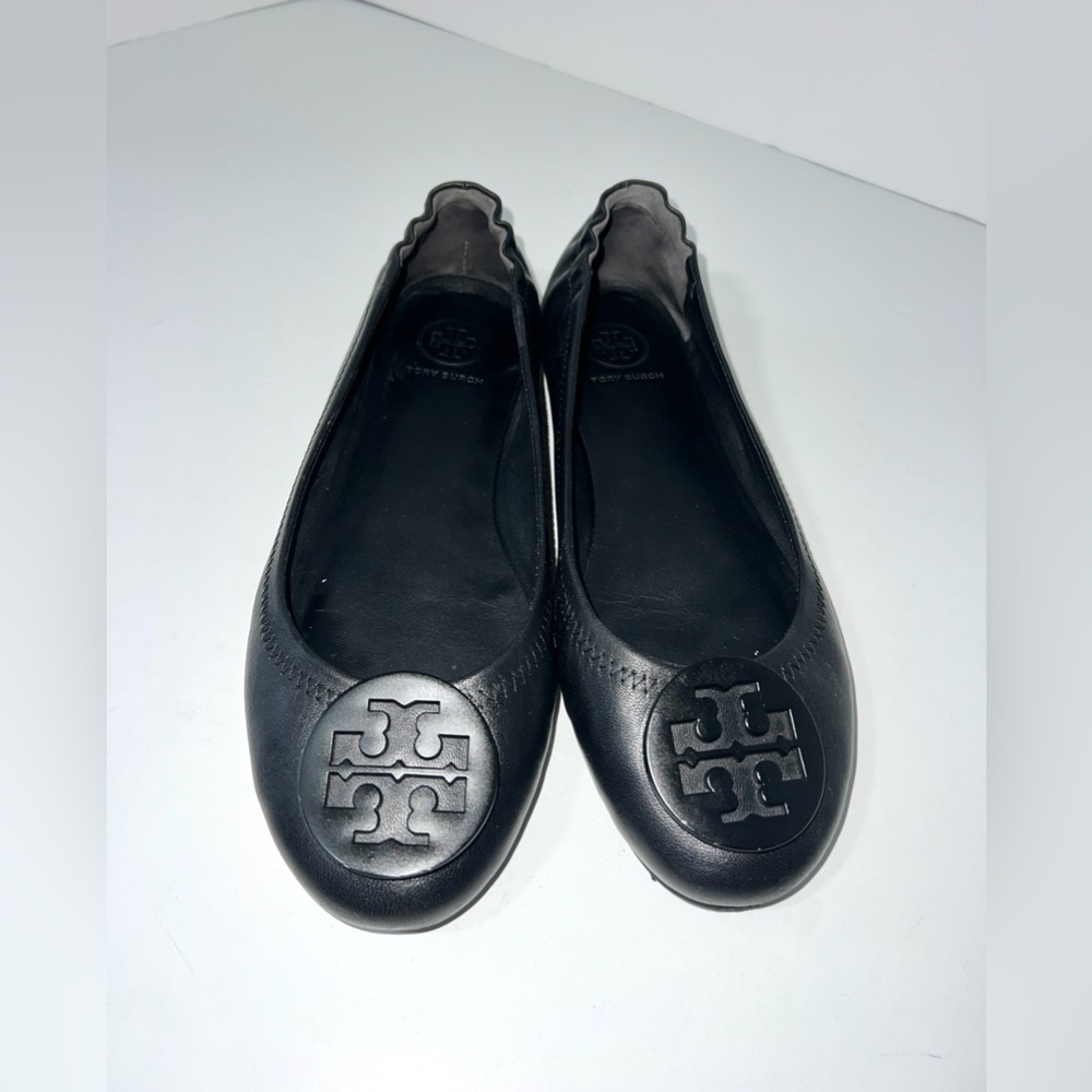 TORY‎ BURCH Logo Minnie Reva Travel Ballet Flat - Matte Black Logo - Size 7